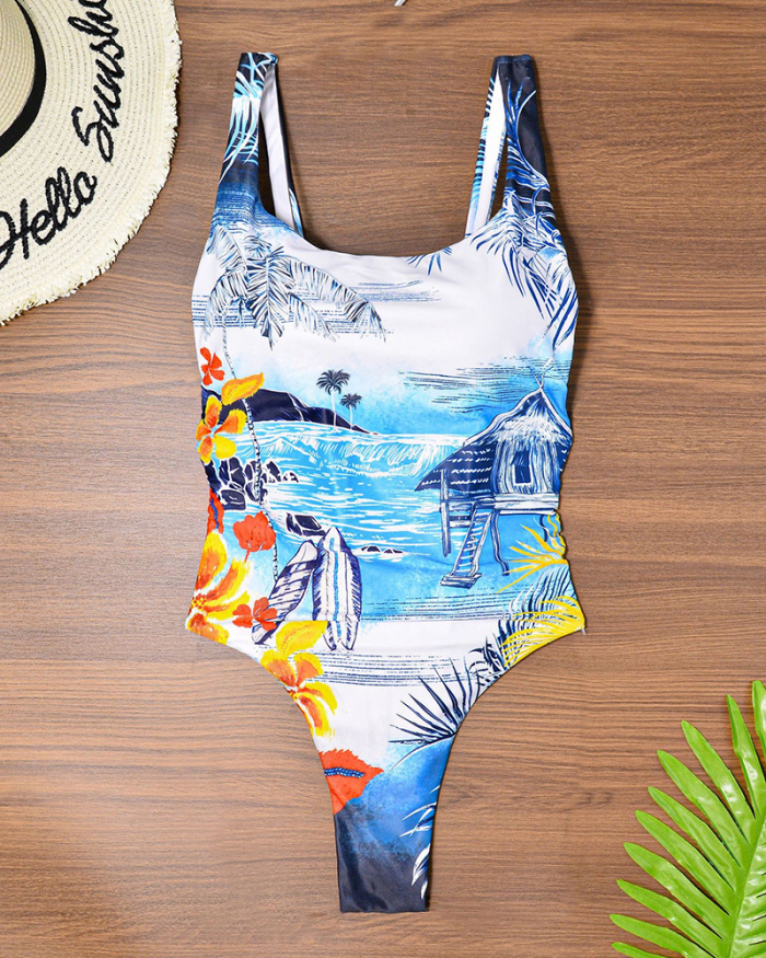 Summer Women U Neck Backless Beach Printed High Waist One-piece Swimsuit S-XL