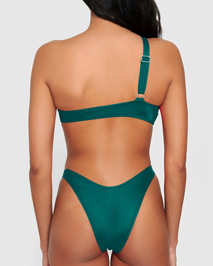 Slash Collar Strappy Ring High Cut Bottom Sexy Women One-piece Swimsuit Yellow Green Red Blue S-XL