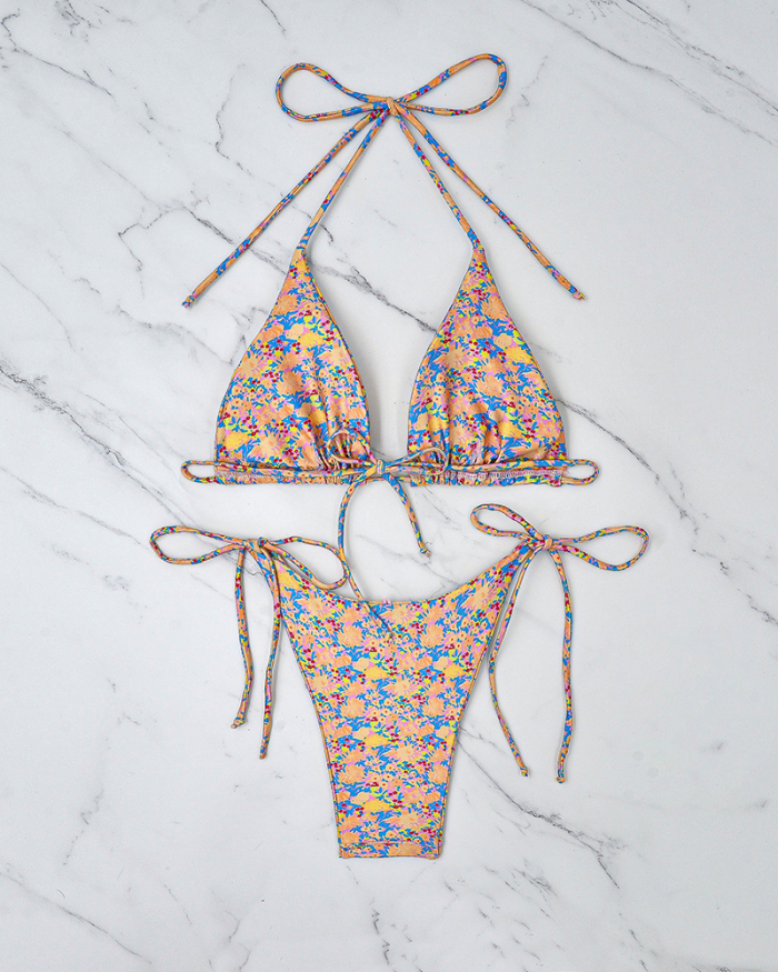 Women Halter Neck Tie Side Sting Florals Printing Bikinis Two-piece Swimsuit S-XL