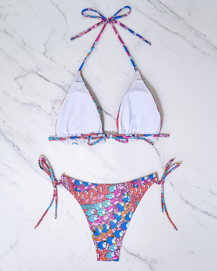Florals Boho Printing Strappy Halter Neck Bikinis Two-piece Swimsuit S-XL