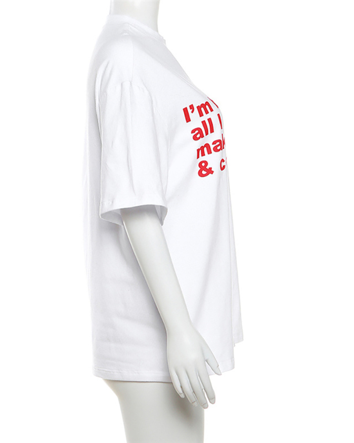 Short Sleeve White Letter Printed Women T Shirt