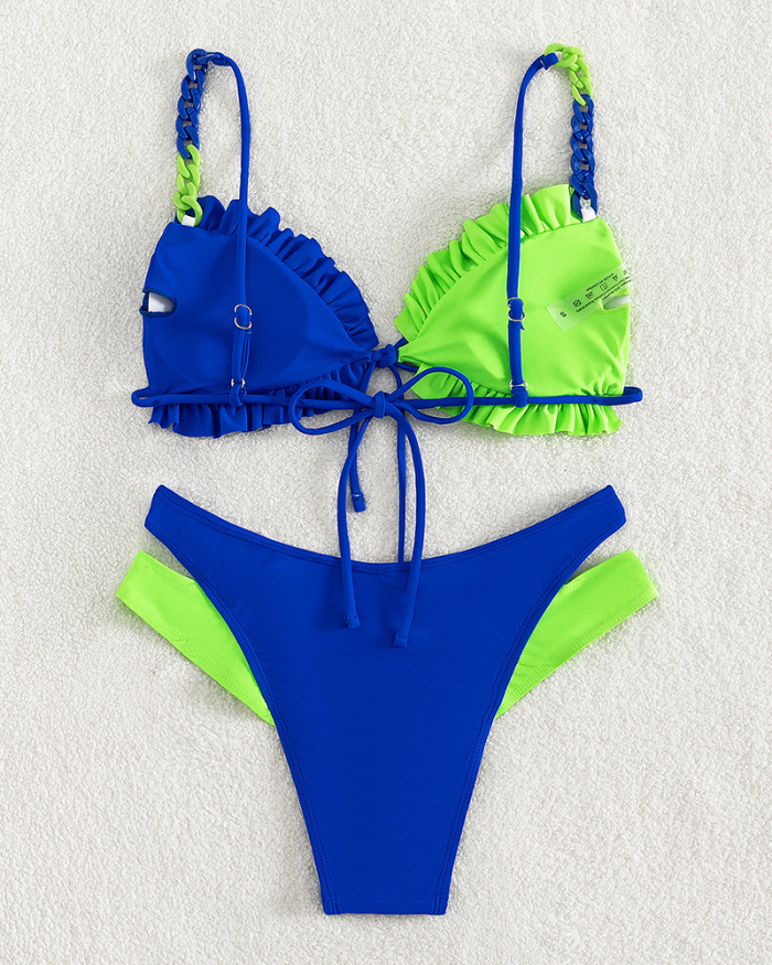 Women Colorblock Sling Ruffles Two-piece Swimsuit S-XL