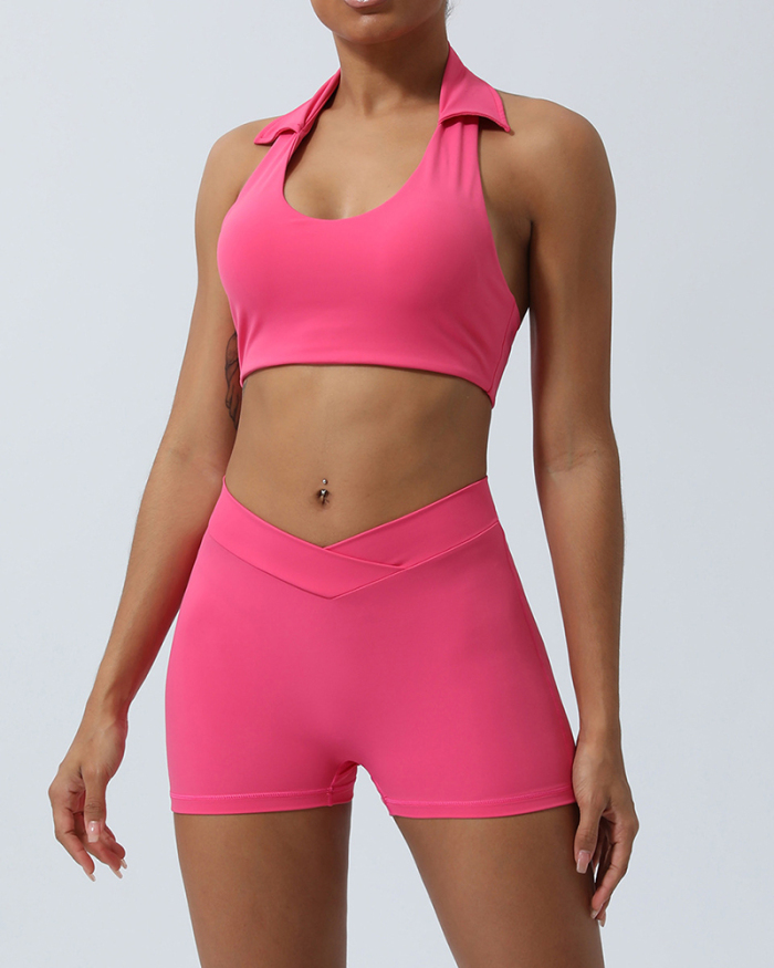 Lapel Sports Bra High Waist Yoga Shorts Pants Two Pieces Sets Green Blue Pink S-XL