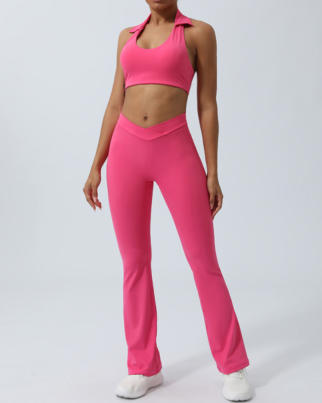 Lapel Sports Bra High Waist Yoga Shorts Pants Two Pieces Sets Green Blue Pink S-XL