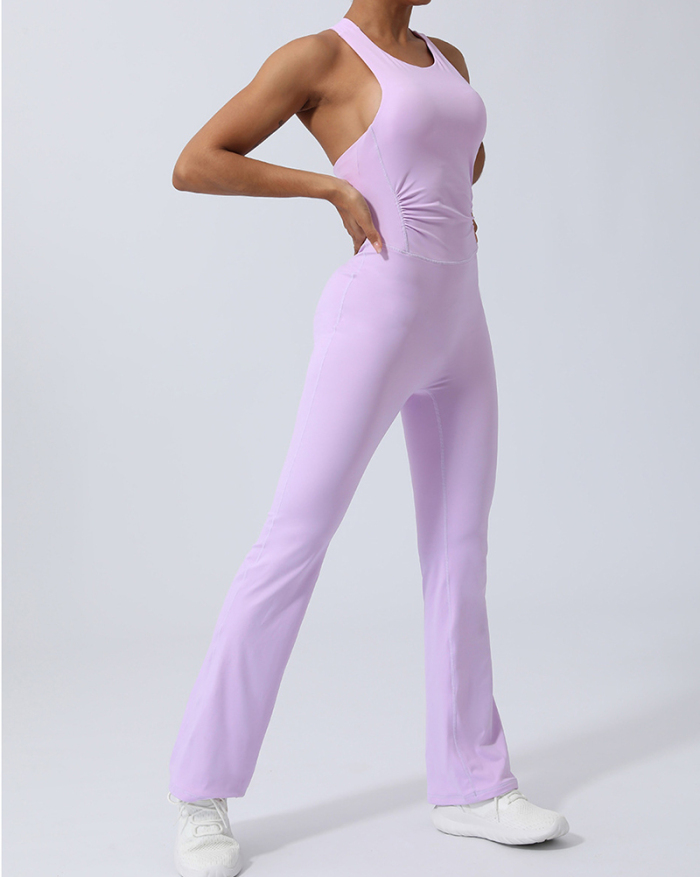 Women Solid Color Sleeveless Vest Top High Waist Yoga Sports Jumpsuit White Purple Blue Brown Black S-XL