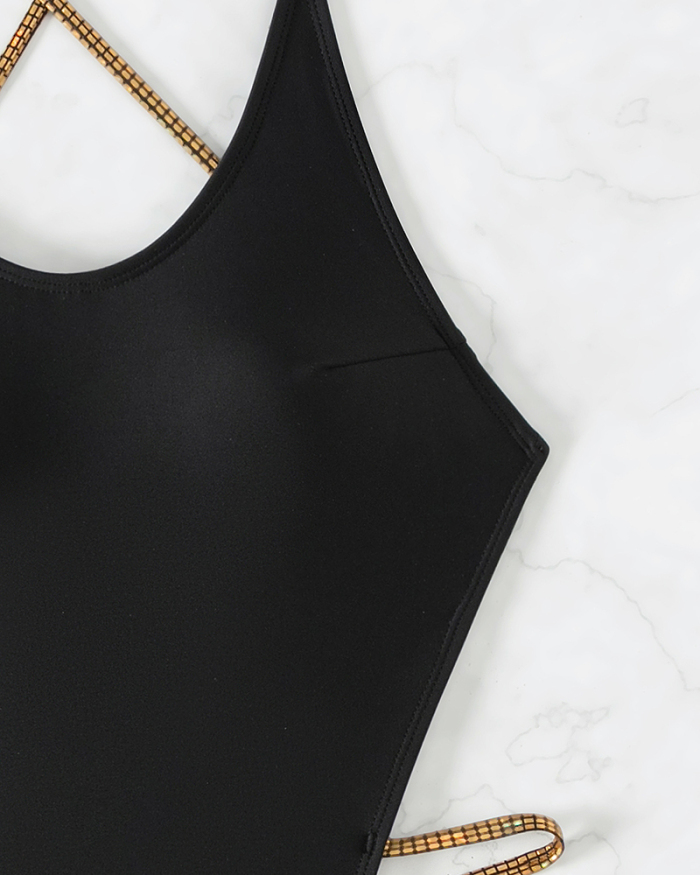 Gold Sling High Cut Women Summer One-piece Swimsuit Black XS-L
