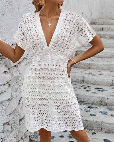 Short Sleeve V-neck Crochet Knitted Beach Dress