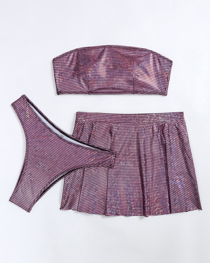 Women Shining Sequin Tube Top Skirts Three-piece Swimsuit Purple S-L