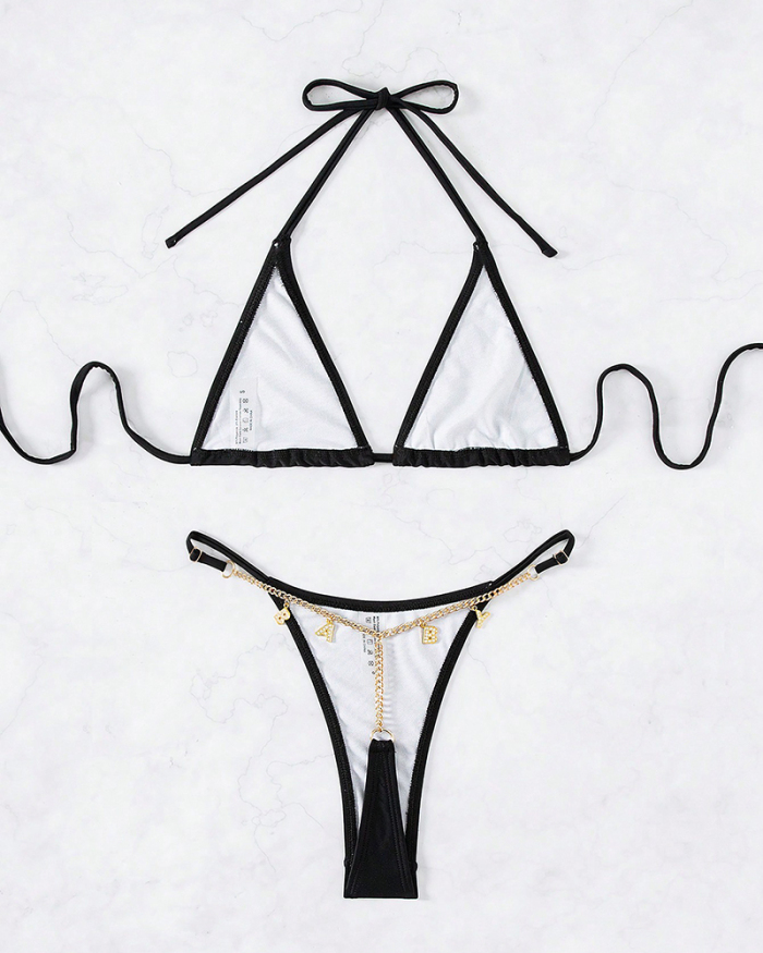 Solid Color Black Halter Neck High Waist Chain T-Back Bikini Two-piece Swimsuit Black XS-L