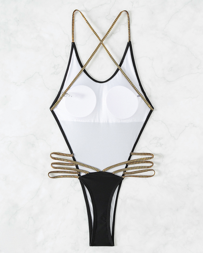 Gold Sling High Cut Women Summer One-piece Swimsuit Black XS-L