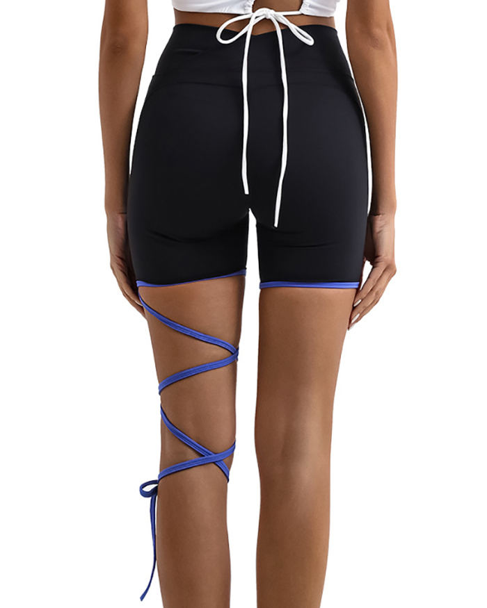 Yoga Strappy Leg Women Fitness Shorts Blue Brown Beige Black S-L