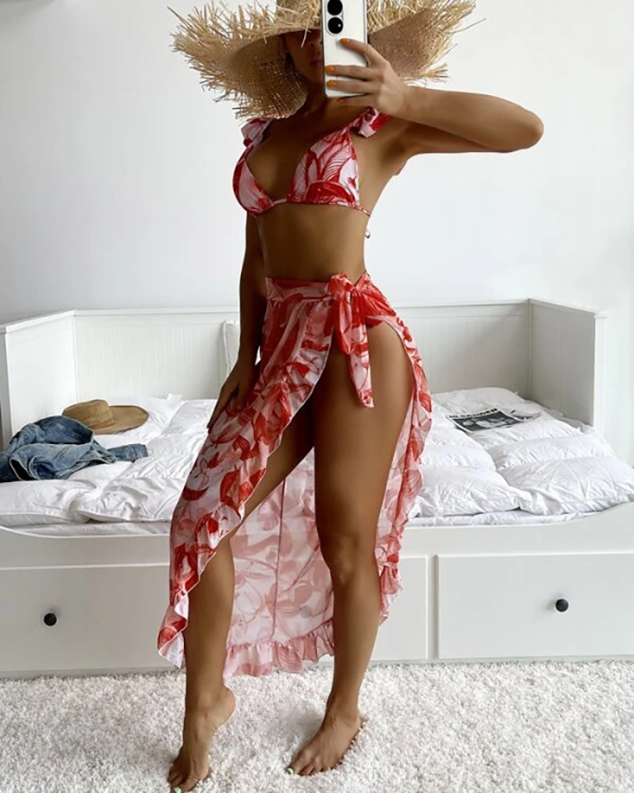 Women Ruffles Strappy Florals Printed Boho Three-piece Swimsuit S-XL