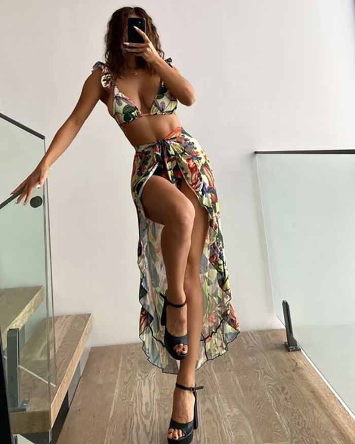 Women Ruffles Strappy Florals Printed Boho Three-piece Swimsuit S-XL