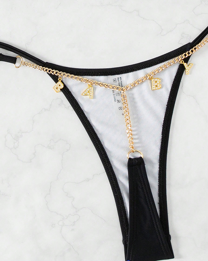 Solid Color Black Halter Neck High Waist Chain T-Back Bikini Two-piece Swimsuit Black XS-L
