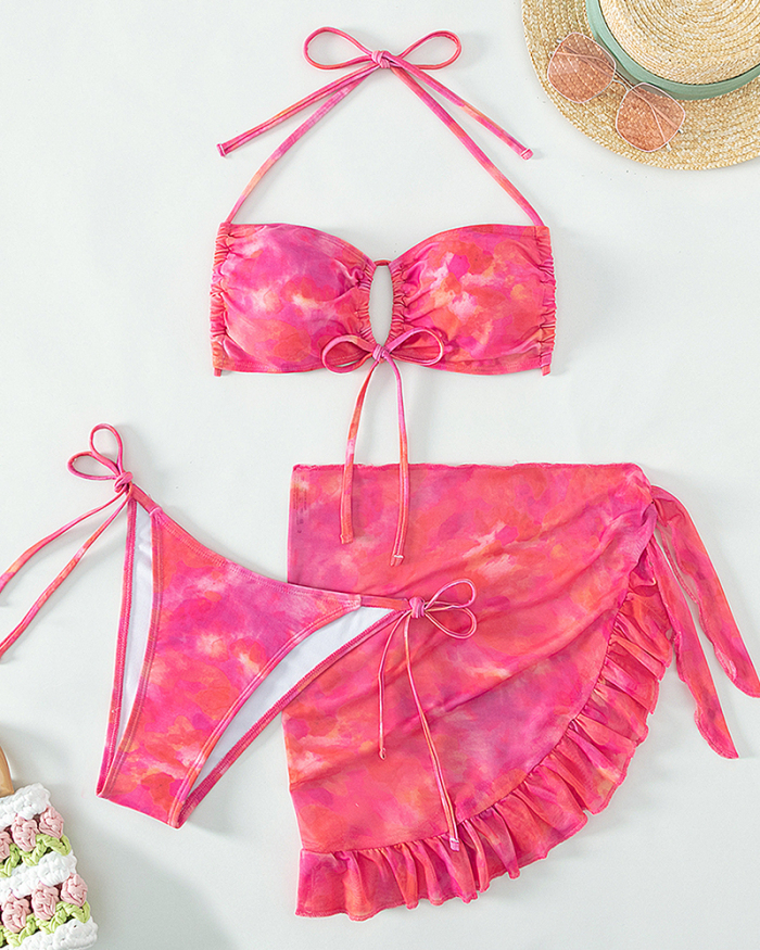 Sexy Printed Halter Neck Tie Side String Skirts Three-piece Swimsuit Rosy S-L