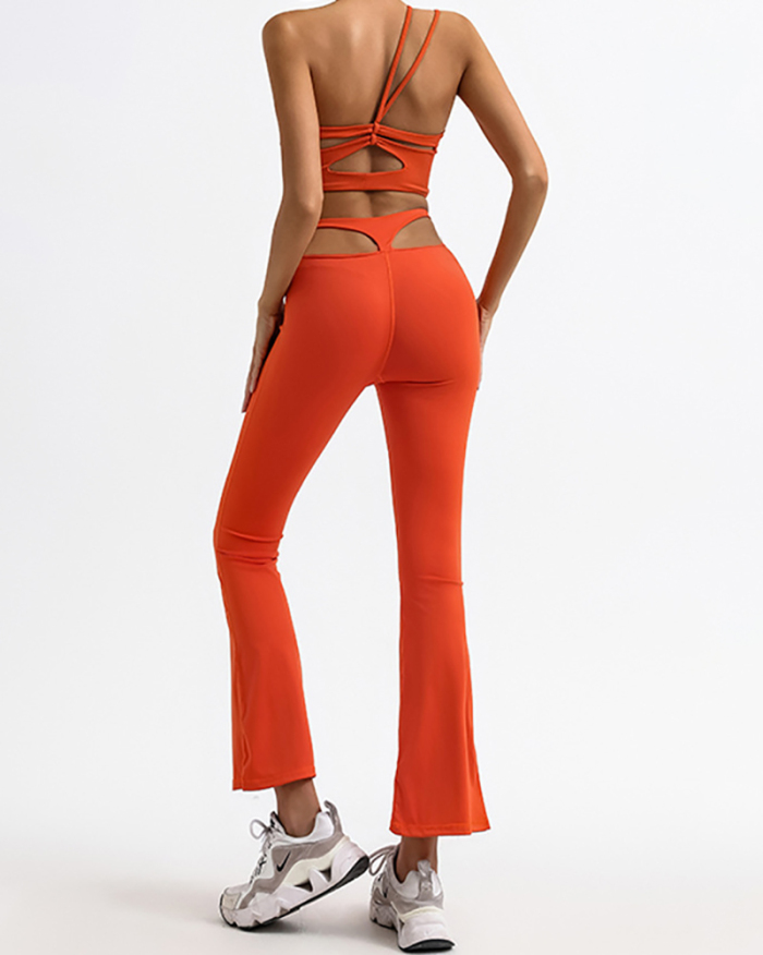 Women One Shoulder Strappy Hollow Out High Waist Wide Leg Pants Yoga Two-piece Sets Orange Khaki White Black S-L