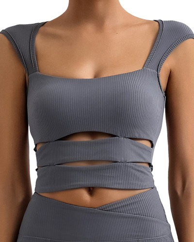 Hollow Out Square Neck With Pad Quick Drying Sports Vest Gray Green Blue S-L