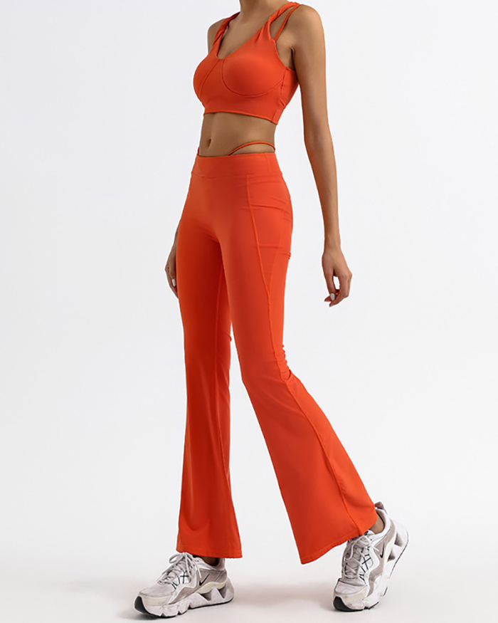 Woman Fitness Running V Neck Bra Wide Leg Pants Yoga Two-piece Suit Orange White Khaki Black S-L