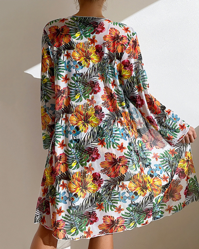 Women Long Sleeve Florals Printed Long Cover High Waist Three-piece Swimsuit S-L