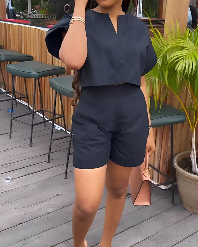 Solid Color Women Short Sleeve Black Two Piece Short Set S-3XL