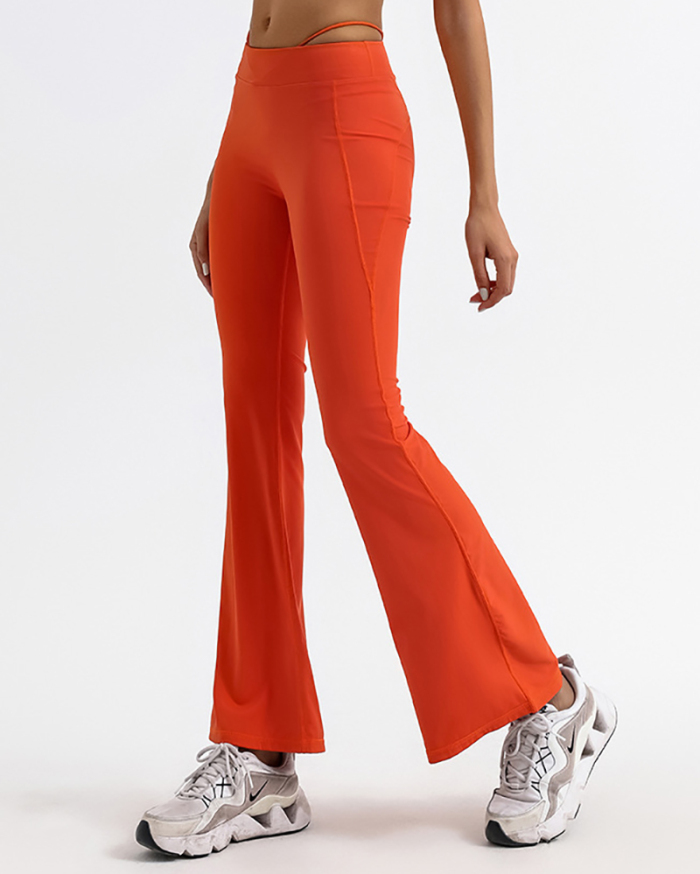Women Sports Strap High Waist Wide Leg Pants Orange Black Khaki S-L