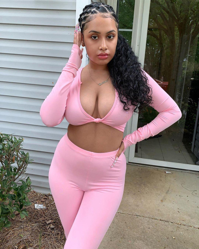 Women Long Sleeve V Neck High Waist Slim Pants Sets Two Pieces Outfit Pink Black Green Blue S-2XL