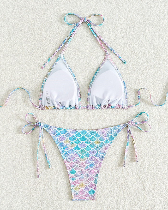 Printing Women Halter Neck Tie Side String Two-piece Swimsuit Summer Bikinis XS-L