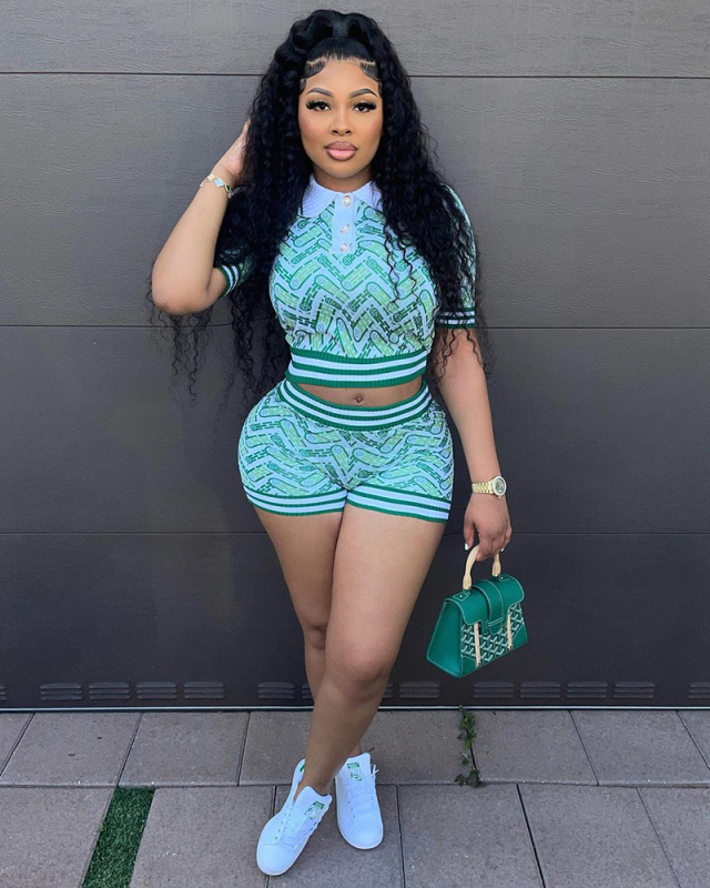 Printed Short Sleeve Women Summer Two Piece Short Set S-3XL