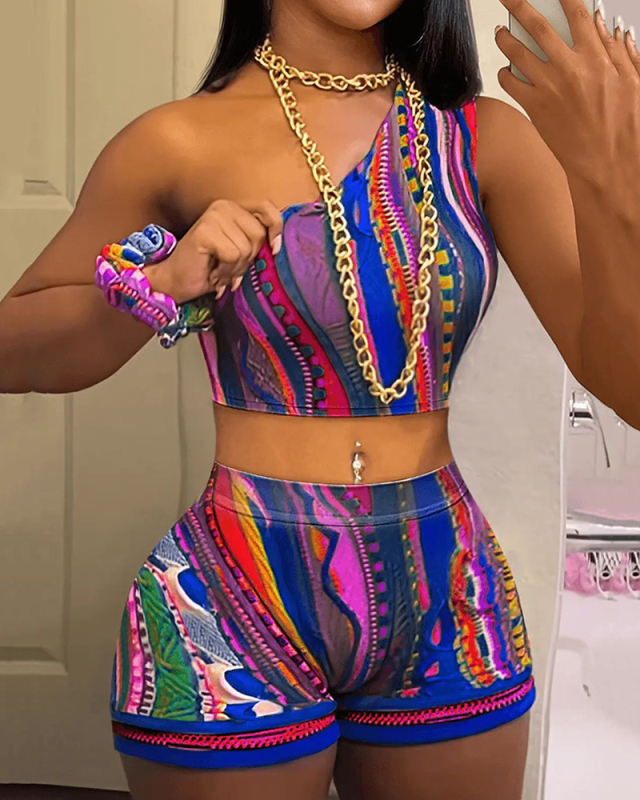 Women One Shoulder Vest High Waist Sexy Printed Short Sets Two Pieces Outfit Green Pink XS-XL