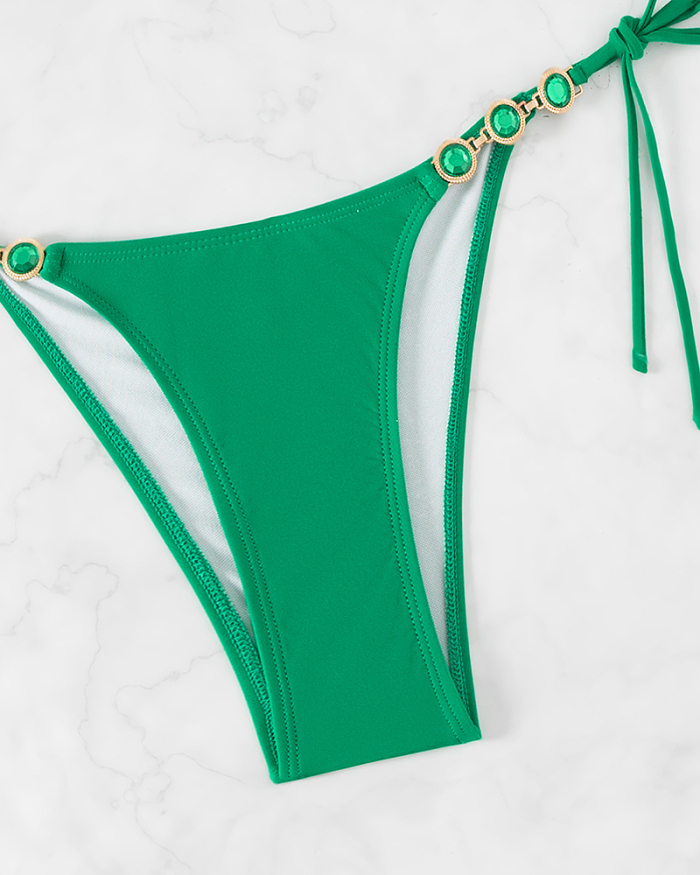 Women New V Neck Tie Side String High Cut Sexy Diamond Two-piece Swimsuit Green XS-L