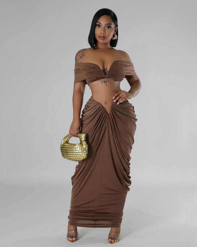 Hot Sale Women Off Shoulder V Neck Ruched  Skirt Sets Two Pieces Outfit Black Coffee Red S-3XL