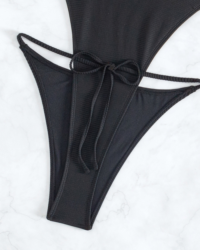 Women Halter Neck 3D Neck Rose High Cut Backless One-piece Swimsuit Black XS-L