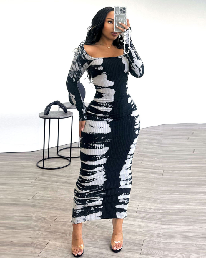 Women Long Sleeve O Neck Printed Tight Maxi Casual Dresses Black Blue Brown S-3XL