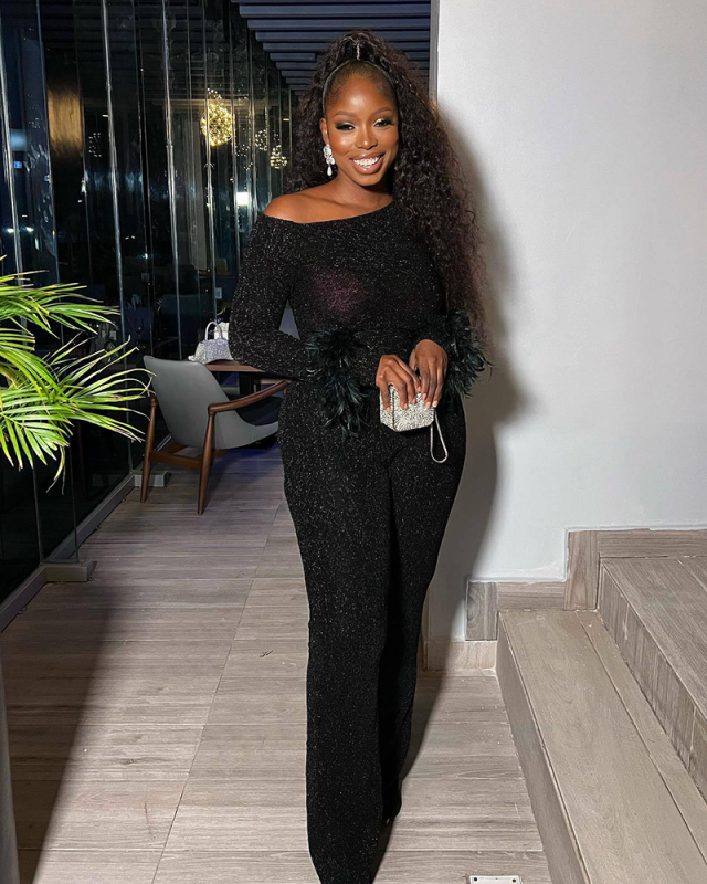 Popular Slash Neck Feather Long Sleeve Shining Women Jumpsuits Black S-3XL