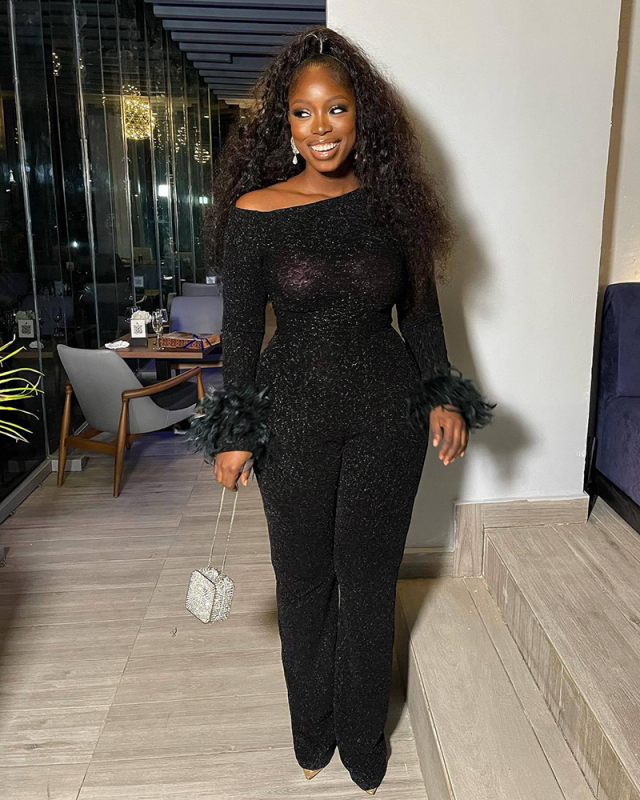 Popular Slash Neck Feather Long Sleeve Shining Women Jumpsuits Black S-3XL