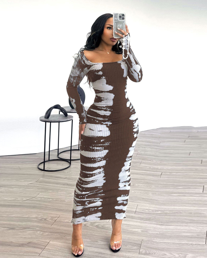 Women Long Sleeve O Neck Printed Tight Maxi Casual Dresses Black Blue Brown S-3XL