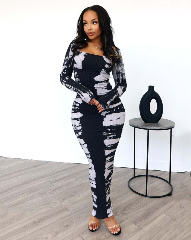 Women Long Sleeve O Neck Printed Tight Maxi Casual Dresses Black Blue Brown S-3XL