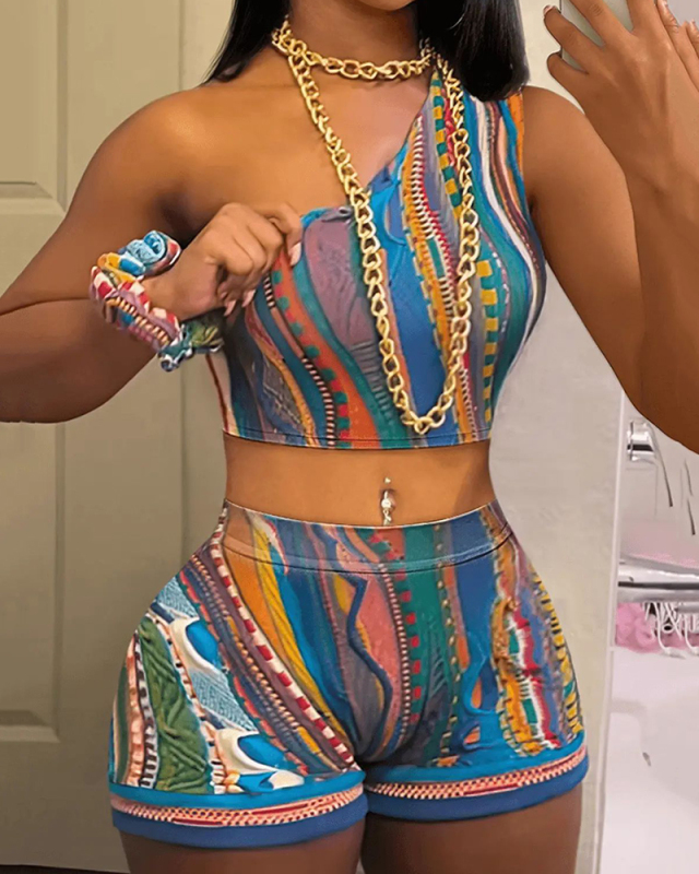 Women One Shoulder Vest High Waist Sexy Printed Short Sets Two Pieces Outfit Green Pink XS-XL