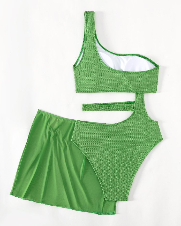 Women One Shoulder Hollow Out One-piece Bikini Mesh Beach Cover Two-piece Swimsuit Green XS-L