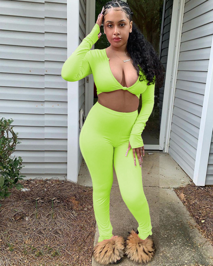 Women Long Sleeve V Neck High Waist Slim Pants Sets Two Pieces Outfit Pink Black Green Blue S-2XL