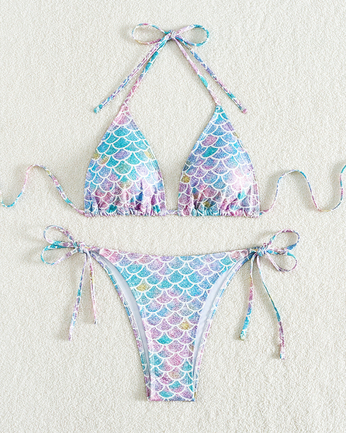 Printing Women Halter Neck Tie Side String Two-piece Swimsuit Summer Bikinis XS-L