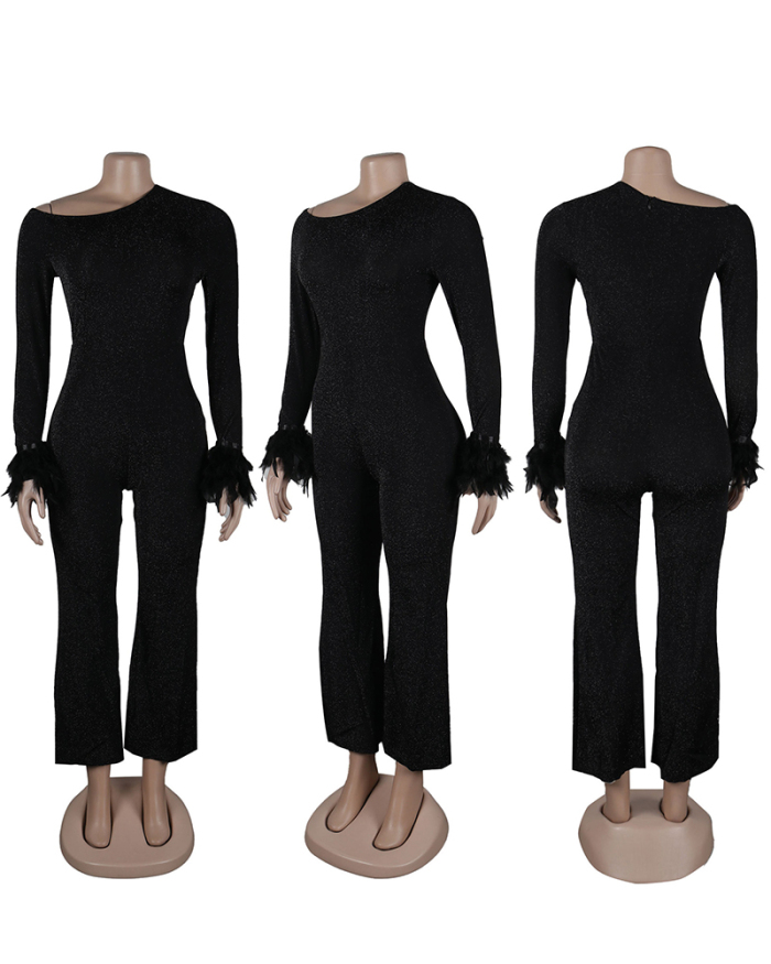 Popular Slash Neck Feather Long Sleeve Shining Women Jumpsuits Black S-3XL