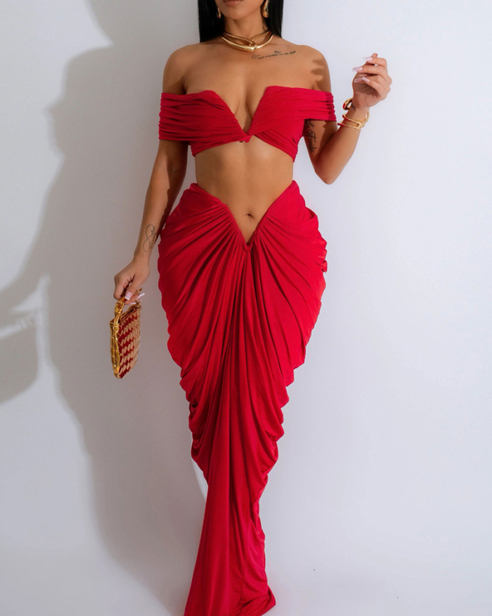 Hot Sale Women Off Shoulder V Neck Ruched  Skirt Sets Two Pieces Outfit Black Coffee Red S-3XL