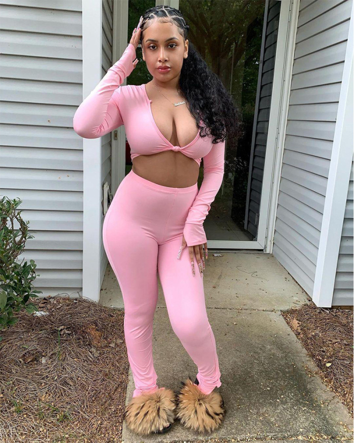 Women Long Sleeve V Neck High Waist Slim Pants Sets Two Pieces Outfit Pink Black Green Blue S-2XL