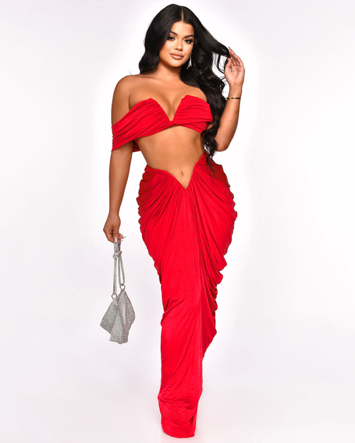 Hot Sale Women Off Shoulder V Neck Ruched  Skirt Sets Two Pieces Outfit Black Coffee Red S-3XL