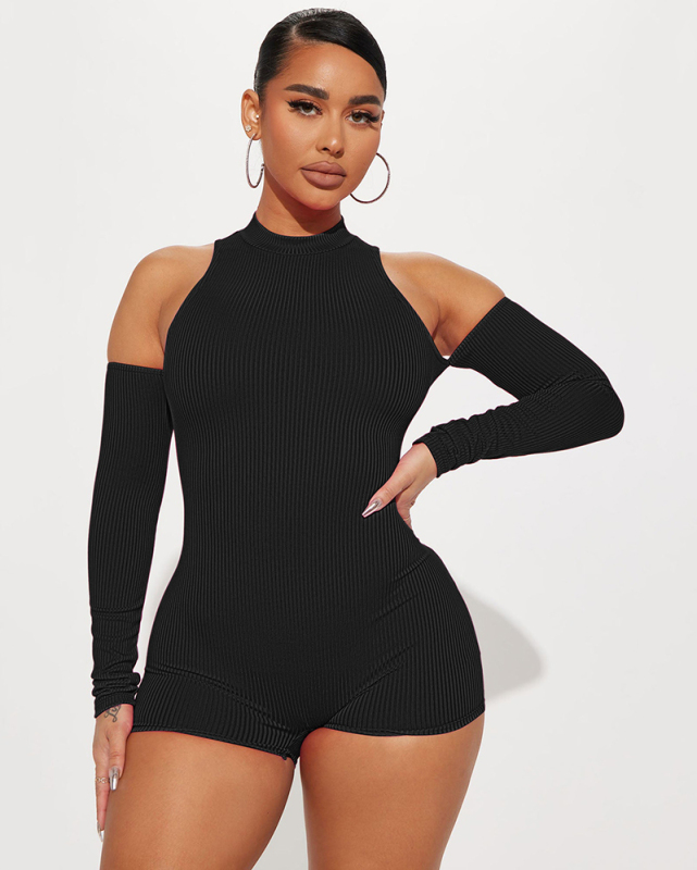 Women Knit Hollow Out Shoulder Crew Neck Slim Rompers Black Brown Pink S-2XL