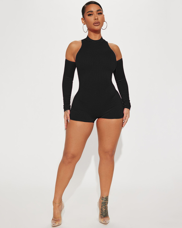 Women Knit Hollow Out Shoulder Crew Neck Slim Rompers Black Brown Pink S-2XL