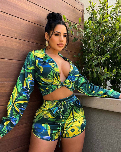 Women Printed Boho Holiday Short Sets Two Pieces Outfit Green Yellow Rosy Light Green Black White Blue Red S-2XL
