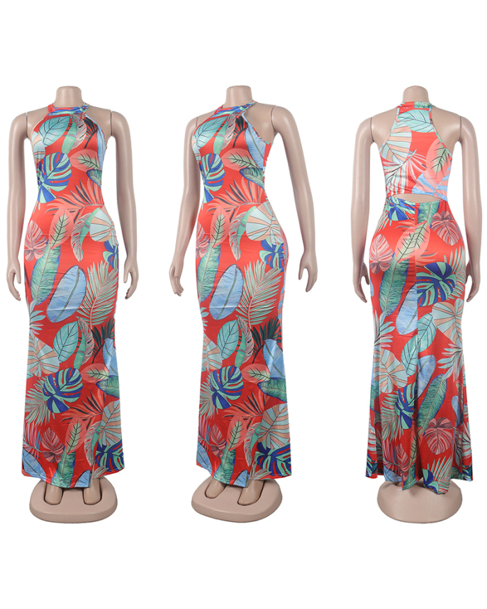 Sleeveless Fashion Printed Sexy Hollow Out Bodycon Maxi Slim Floral Dresses Blue Red Black S-3XL