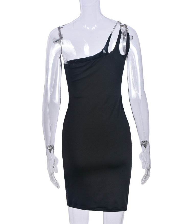 Fashion Printed One Shoulder Slim Women Casual One-piece Dress Black S-L